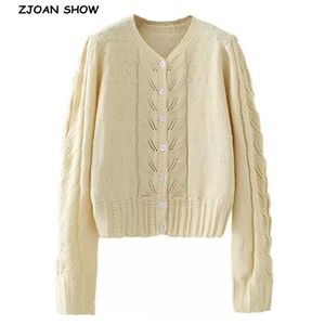 Vintage Kobiety Dzianiny Cardigan Francja Styl Hollow Out Cream Twist Sweter Długi Rękaw Dzianin 210429