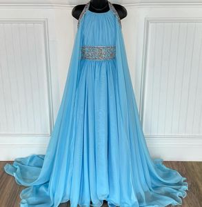 Sky-Blue Pageant Dresses Cape Ritzee Roise A-Line Chiffon Long Little Girl 정식 파티 가운 지퍼 다시 구슬 크리스탈과 십대 2021