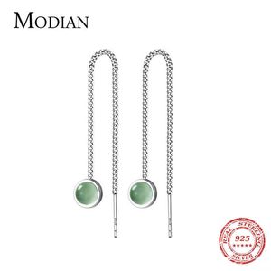 Moda Dangle Kolczyk 925 Sterling Silver Round Zielony Opal Długi Łańcuch Drop Kolczyki Dla Kobiet Biżuteria 210707