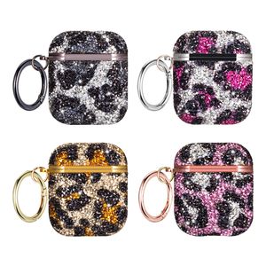 Bling Sparkly Leopard Diamond Placcatura Accessori per cuffie wireless Custodia protettiva antiurto con gancio portachiavi per Apple AirPods 1 2 Pro 3 Airpods3