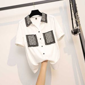L-4XL Women Blouses Casual White Blouses short Sleeve Office Shirts Turn Down Collar dot Shirt Ladies Plus Size Tunic Top Plu 210604
