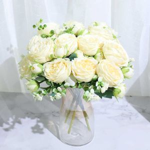 ベストセラー美しいバラの牡丹の人工絹の花の小さな白い花束ホームパーティーの冬の結婚式の装飾偽の花Y0630