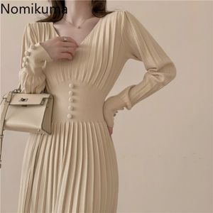 Nomikuma Sweater Dress Korean Elegant V-neck Buttons Knitted Vestidos Femme Autumn Winter New Pleated A-line Dresses 6D663 210427