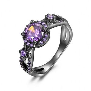Wedding Rings Size 5-10 Stunning Jewelry 10KT Black Gold Filled Round Cut Purple Cubic Zirconia Simulated Stones Women Ring