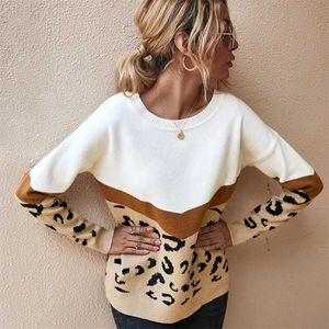 Mode leopard kvinnor tröja höst vinter damer o-neck full ärm casual jumper stickad kvinnlig överdimension pullovers 211124