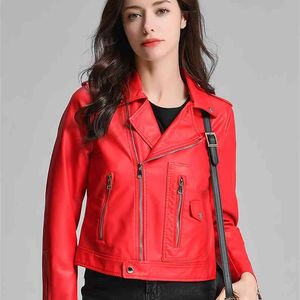 Red Faux Leather Jacket Women Slim Short Coats Moto Biker Black Street Outwear Motorcycle S 210430