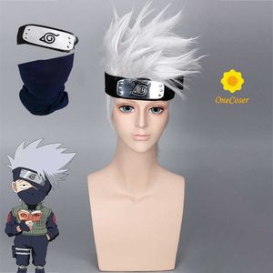 Anime Hatake Kakashi Cosplay Kısa Simli Peruk Bandı Yüz Kapak Isıya Dayanıklı Fiber Saç + Peruk Kap Parti Sahne Erkekler Y0903