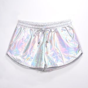 Kvinnor glänsande metalliska shorts sommar holografisk våt ser avslappnad elastisk dragsko festival rave booty shorts 210522