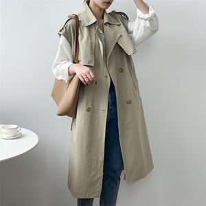 Women Solid Long Trench With Belt Sleeveless Double Breasted Chic Coat Female Turn Down Collar Office Wear Windbreaker 210515