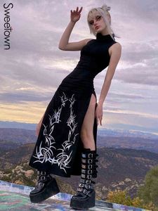 Послауун Black Off Funge Turtleneck Bodycon Goth платье темные академические эстетические девушки одежда высоко разделенные сексуальные партии платья Y220304