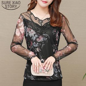 Jesienna koszula kobiety pełna wersja koreańska z długim rękawem Drukowane ubrania siatki Slim damska odzież 5482 50 210510