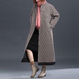 Johnature Autumn Winter Leisure Retro Pockets Thickened Cotton Coat Loose Comfortable Long Sleeve Women Long Lace Coat 210521
