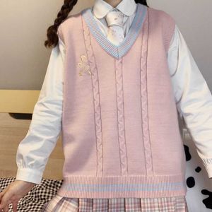 Japan Rhombus Pullover Weste Preppy Kawaii weiblich Herbst Winter niedlich rosa Jacke Mantel lose stricken Student cool Streetwear 210526