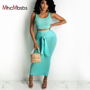 Skinny Sexy Long Skirts Outfits Solid Color Lace Up Bandage Casual Suit Women Two Piece Set Female Crop Top Summer Clothes 210517