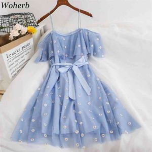 Söt prinsessa klänning kvinnor kläder gasbind elegant robe broderi blommig sling vestidos feminino sexiga bandage klänningar 210519