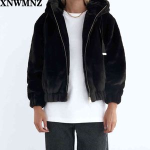ZAの女性のファッションの冬のフェイクの毛皮のフード付きのジャケットの女性の高い襟調節可能な巾着フード長袖ポケットジップアップジャケット210510