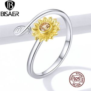 BISAER Daisy Flower Ring 925 Sterling Silver Adjustable Open Yellow Zircon Finger Rings For Women Gift Jewelry EFR127 211217