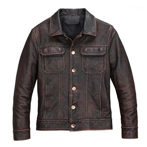 Men's Leather & Faux 2021 Vintage Brown Men American Casual Style Jacket Single Breasted Plus Size 5XL Genuine Cowhide Autumn Coat