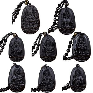 Pingente De Obsidiana Buddha venda por atacado-1 Natural Obsidian Folk Hand Esculpida Buda Lucky Amulet Talisman Pingente Colar Colares