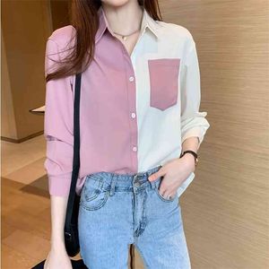 Långärmad Patchwork Ol Style Loose Blouse Women T Shirts Polo Collar Casual Pink Korean Kläder Kvinnors Toppar och Blusar 210507