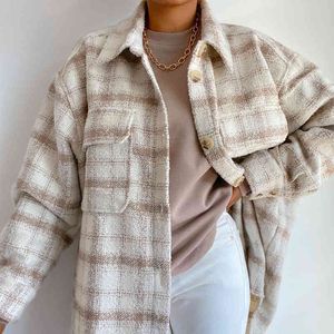 Fashion Fall Clothes for Women Shirt Woolen Coat Autumn and Winter Fashion Vintage Lattices Overcoat for Women jackets 210514