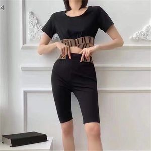 Sexy Cross Strap Yoga Tracksuits Letter Webbing Short Navel Exposed Tees Elastic Slim Fit Five Point Bodybuilding Pants Leggings