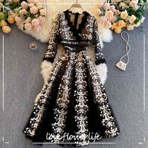 LoveFlowerLife Spring Fashion Streetwear Vestido Longo Retrô Bordado Floral Feminino Coreano Elegante Vestidos de Noite Linha A 210521