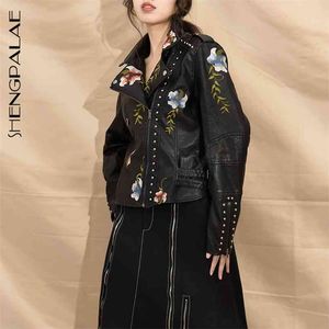 Spring Autumn Long Sleeve Rivet Embroidery Turn-down Collar Zippers Slim PU Leather Coat Tide For Women FR250 210427