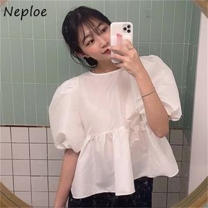 Elegant Ruffles Patchwork Solid Blouse Women Work Style Ol Blusas O Neck Short Sleeve Pullover Robe Summer 210422