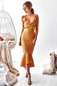 5 färger Vestidos Kvinnor Sexig Lace Mid-Calf Bandage Dress Designer JAG Fishtail Celebrity Party 210527