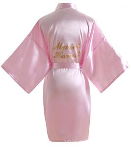 Sleepwear feminino rosa cetim dama de honra vestes festa de festa nupcial para noiva e dama de honra com ouro glitter