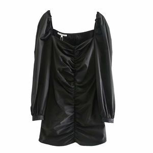 Vintage Slim Black Draped Dress Women Fashion Square Collar Suknie Eleganckie Damskie Długie Rękaw Mini 210531