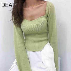 DEAT Precord Stickning Mode Kvinnor Kläder Sqaure Collar Flare Sleeves Knits Pullover Slim Elastic Passar Normal Size Sping Top 210428