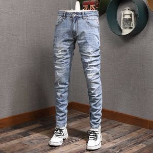 Italian Style Fashion Men Jeans Retro Light Blue Elastic Cotton Ripped Patchwork Vintage Designer Slim Fit Denim Pants