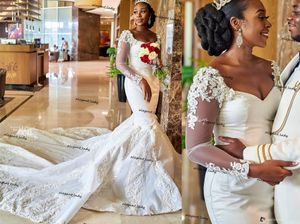 Árabe Aso Ebi Vestidos de Noiva Africano 2021 Luxo Sólido Floral Laço Sereia Catedral Trem Garden Church Plus Size Nupcial Vestido desgaste