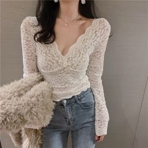 Spring new design women's v-neck long sleeve lace perspective sexy slim waist t-shirt tops SMLXLXXL