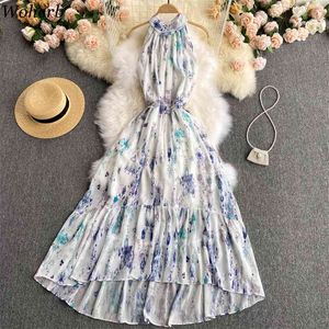 Semesterklänning Kvinnor Sommarrock Oregelbundna Ruffled High Waist Vestidos Mujer Off Shoulder Print Maxi Dresses 210519