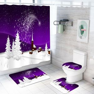 Wholesale christmas shower curtains resale online - Snow Scene D Print Purple Background Bathroom Set Shower Curtain Merry Christmas Floor Rugs Cartoon Bath Sets Pieces Curtains