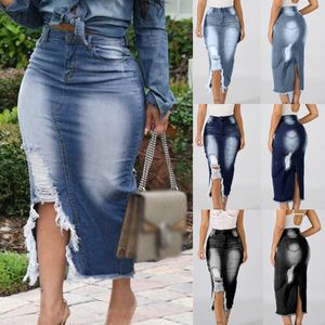 Denim Etekler Kadınlar Yırtık Yırtıldı Yüksek Bel Slim Fit Bodycon Hipes Kalem Uzun Etek Zarif Faldas Mujer Moda Artı Boyutu 5XL X0428