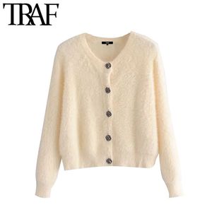Women Fashion Faux Fur Cropped Knitted Cardigan Sweater Vintage O Neck Long Sleeve Female Outerwear Chic Tops 210507