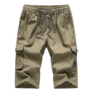 Mens Long Khaki Cargo Shorts Breeches Tre Kvartals Byxor Bomull Bermuda Man Rak Ficka Män Casual Shorts 210518