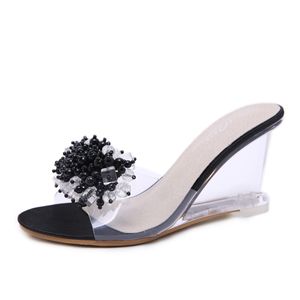 Hokszvy 2021 Nya Kvinnor Tofflor Crystal High Heels Summer Kvinnors Skor Spänne Simple Wedge Sandaler Transparent Clear Shoes DSFWRW3R