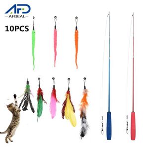 10pcs/set Cat Interactive Toy Stick Wand Replacement Set Retractable Feather Bell Refill Replacement Catcher Products 210929