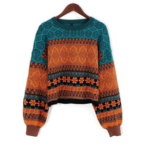 Женщина короткий свитер ретро шикарное сплайсинг цвета зима молодые девушки теплая одежда вязаный цветочный узор пуловер для женщин 211103