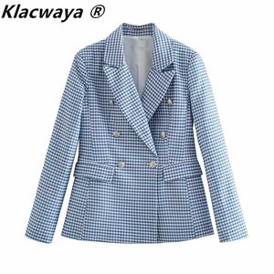 Klacwaya Women Blazer格子縞の印刷ダブルブレスト長袖コートレディースオフィスブレザーカジュアルスーツジャケット211006