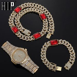 Hip Hop 12MM Blue 3PCS KIT Watch+Square Necklace+Bracelet Bling Crystal AAA+ Iced Out Cuban Rhinestones Chains For Men Jewelry X0509
