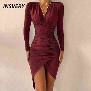 Sexiga Kvinnor Klänning Deep V Neck Långärmad Party Dress Kvinnor Elegant Slim Bodycon Klänningar För Kvinnor Solid Office Ladies Dress 2021 Y1204