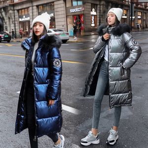 Frauen Down Jackets Modetrend Winter Oberbekleidung glänzende Mäntel Großgröße Fettmädchen verdicken x-lange Perlen glänzende Parkas mit Kapuze mit großer Pelzkragen Baumwolle gepolstert