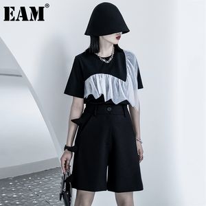 [EAM] Женщины черные сетки сращенные большие размеры оборки случайные футболки круглые шеи с коротким рукавом мода весна лето 1dd7569 21512