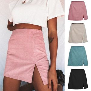 Autumn Sexy High Waist Corduroy Women Skirt Solid Hem Split A-line Winter Skirts Womens Slim Casual Plus Size Mini